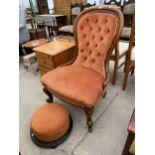 A VICTORIAN MAHOGANY SPOON BACK CHAIR AND ROUND STOOL IN MATCHING MATERIAL