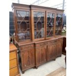 A REPRODUCTION ASTRAGAL GLAZED FOUR DOOR BREAKFRONT BOOKCASE WITH CUPBOARDS TO THE BASE, 71" WIDE