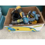 AN ASSORTMENT OF POWER TOOLS TO INCLUDE A MAKITA DRILL, A DEWALT ANGLE GRINDER AND A DCEWALT DRILL