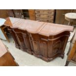 A MODERN ITALIAN STYLE DOUBLE BOWFRONTED MAHOGANY SIDEBOARD, 69" WIDE