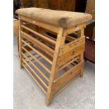 A VINTAGE THREE TIER VAULTING HORSE, 53X38" MAX WITH SUEDE TOP