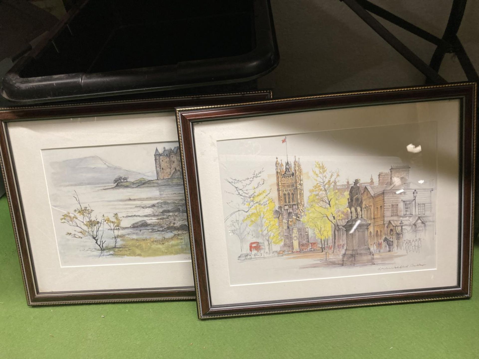 TWO SIGNED FRAMED PRINTS OF 'LONDON, WHITEHALL' AND CASTLE STALKER, ARGYLL - INDISTINCT SIGNATURE