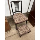 AN EDWARDIAN EBONISED BEDROOM CHAIR AND SMALL CABRIOLE LEG STOOL