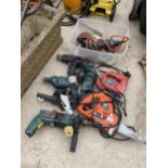 A LARGE ASSORTMENT OF POWER TOOLS TO INCLUDE A BOSCH SANDER, AND ANGLE GRINDER AND A BOSCH DRILL ETC
