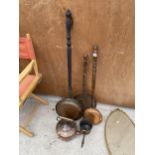 AN ASSORTMENT OF COPPER ITEMS TO INCLUDE TWO BED WARMING PANS, A KETTLE AND A MILK PAN ETC