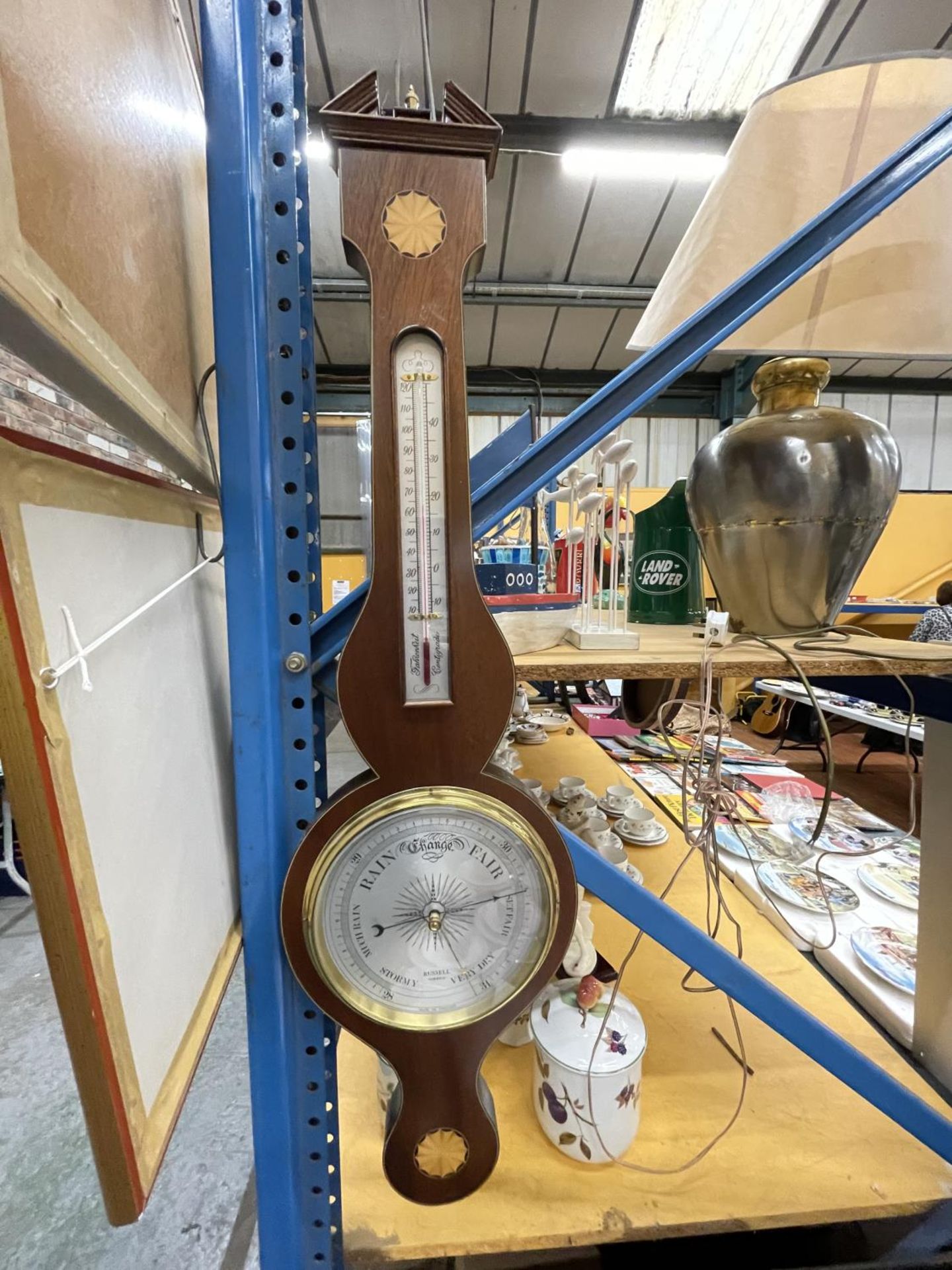 A RUSSELL NORWICH MAHOGANY CASED BAROMETER IN AS NEW CONDITION WITH BRASS FIXINGS AND DIAL