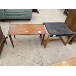 A G-PLAN E.GOMME TEAK STOOL WITH BLACK FAUX LEATHER TOP AND SMALL TEAK COFFEE TABLE