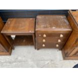 A SMALL OAK CHEST OF THREE DRAWERS, 24" WIDE AND TWO TIER TV TABLE