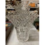 THREE LARGE HEAVY CUT GLASS CRYSTAL VASES - LARGEST A/F, SIZES 34.5CM, 30CM AND 26CM