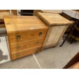 A SMALL PINE THREE DRAWER CHEST WITH CAMPAIGN STYLE HANDLES, 21" WIDE AND A SMALL OAK CHEST