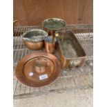 AN ASSORTMENT OF COPPER ITEMS TO INCLUDE AN ASHTRAY, A COULDRAN AND A TUREEN DISH WITH LION PAW FEET