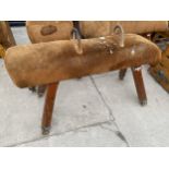 A VINTAGE POMMEL HORSE WITH HOOP BARS, ON FOUR ADJUSTABLE LEGS, 67X27" MAX, WITH SUEDE TOP