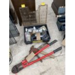 A HARDWARE STORAGE BOX AND CONTENTS AND A SET OF BOLT CUTTERS, A BRACE DRILL AND A HAMMER ETC