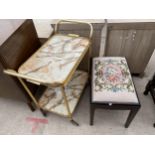 A 1970'S METALWARE TWO TIER TROLLEY AND STAG STYLE STOOL WITH TAPESTRY TOP