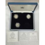 THREE SILVER PROOF PIEDFORT ONE POUND COINS DATED 1999, 2000 AND 2001 IN A CASE WITH CERTIFICATE