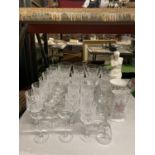 A QUANTITY OF GLASSES TO INCLUDE WINE, SHERRY, ETC, PLUS MINTON HADDON HALL VASE, FIGURE, ETC