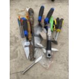 AN ASSORTMENT OF TOOLS TO INCLUDE TROWELS AND SCREW DRIVERS ETC