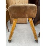 A VINTAGE POMMEL HORSE ON FOUR ADJUSTABLE LEGS, 24X32" MAX, WITH SUEDE TOP