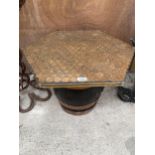 A VINTAGE "MAGGIE MARSHALL BREWERY, BOLTON" BRANDED BARREL TABLE WITH A PRE DECIMAL PENNY TABLE