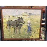 A FRAMED MOLLY BRETT PRINT OF A GIRL AND DONKEYS 59CM X 48CM