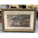 A LARGE GILT FRAMED LIMITED EDITION - 333/1100 - PRINT OF A LEOPARD SIGNED ANTHONY GIBBS 112CM X