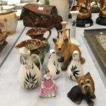 AN QUANTITY OF POTTERY ITEMS TO INCLUDE A BESWICK HORSE - A/F, LION, JUGS, VASE, CRUET SET, ETC