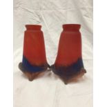 A PAIR OF ORANGE AND PURPLE ART GLASS SHADES SIGNED ART D'FRANS HEIGHT 18CM