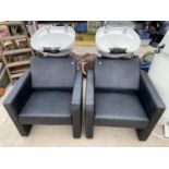 A PAIR OF LEATHER EFFECT HAIRDRESSERS WASH BACKS