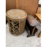 A NEST OF TWO BAMBOO AND WICKER TABLES AND OAK MAGAZINE RACK/TABLE