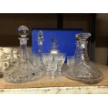 A QUANTITY OF CUT GLASS TO INCLUDE TWO HEAVY SHIP'S DECANTERS, THREE OTHER DECANTERS - 2 WITH COLLAR