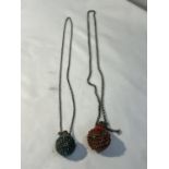 TWO BEADED PERFUME BOTTLES ON CHAINS