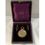 A VICTORIAN 18CT GOLD LADIES KEY WIND OPEN FACE POCKET WATCH WITH BOTH KEYS AND ORIGINAL