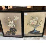 TWO STILL LIFE WATERCOLOURS OF FLOWERS IN VASE SIGNED JAN CHING? 34.5CM X 44CM