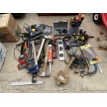 A LARGE ASSORTMENT OF HAND TOOLS TO INCLUDE SASH CLAMPS, HACK SAWS AND A MALLET ETC