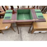 AN EDWARDIAN MAHOGANY AND INLAID 16" SQUARE WORKBOX WITH FOLD-OVER TOP SECTION AND PULL-OUT