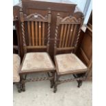 A PAIR OF EARLY 20TH CENTURY OAK BARLEYTWIST DINING CHAIRS