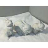 THREE KAISER GERMANY WHITE BISQUE PORCELAIN RABBITS NO.518 AND 52