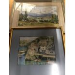 TWO FRAMED WATERCOLOURS, ONE OF A COUNTRY SETTING WITH SHEEP, THE OTHER A HARBOUR SETTING