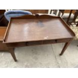 A 19TH CENTURY MAHOGANY GALLERY BACK SIDE TABLE WITH TWO DRAWERS, ON TAPERED LEGS, WITH BRASS