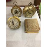 FOUR CLOCKS TO INCLUDE A BLESSING WEST GERMAN ALARM CLOCK, A GOLDBUHL GERMAN ALARM CLOCK, THE SERVIS