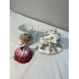 THREE CERAMIC ITEMS TO INCLUDE A ROYAL DOULTON VICTORIA FIGURE, A COALPORT THE PARASOL HOUSE AND A