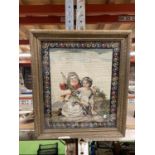A VICTORIAN FRAMED TAPESTRY OF A COURTING COUPLE