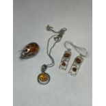 THREE AMBER AND SILVER ITEMS TO INCLUDE A BROOCH IN THE FORM OF A LADYBIRD, A PAIR OF EARRINGS AND A