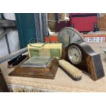 A VINTAGE MAHOGANY CASED MANTLE CLOCK, WALL CLOCK, BAROMETER AND TRANSISTOR RADIO