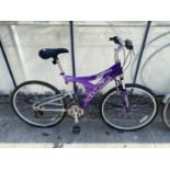 A LADIES OLYMPUS CORAL MOUNTAIN BIKE WITH FRONT AND REAR SUSPENSION AND 18 SPEED GEAR SYSTEM