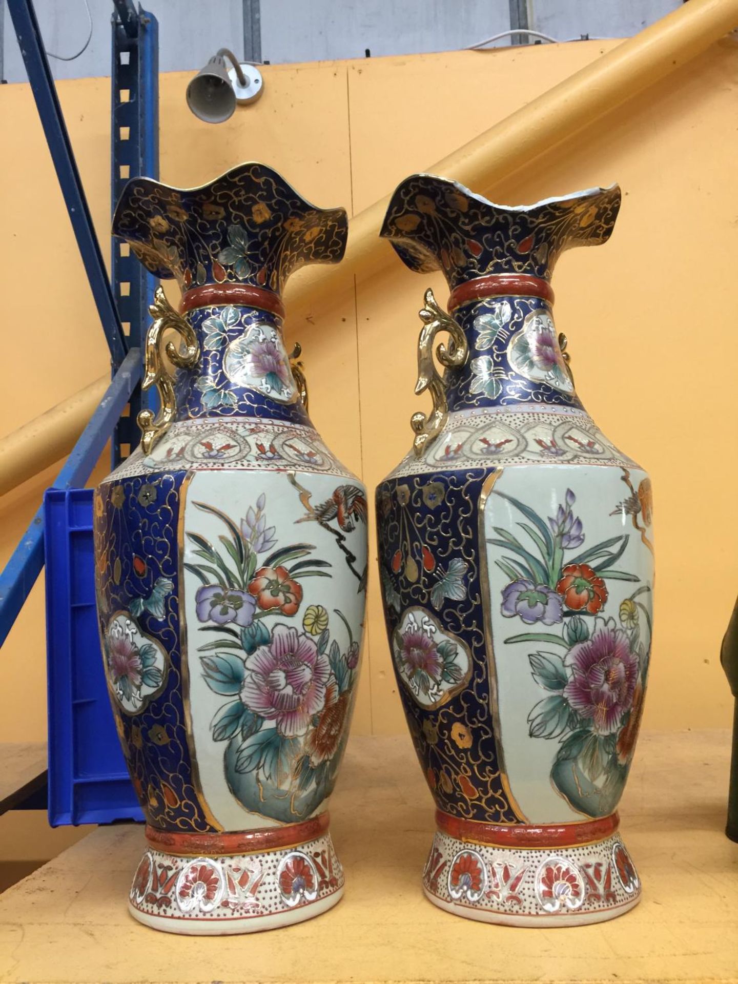 TWO LARGE ORIENTAL VASES WITH CLOISONNE DECORATION OF CHRYSANTHEMUMS, BIRDS, ETC HEIGHT 61CM - ONE - Image 2 of 3