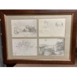 A FRAMED PENCIL DRAWING OF WINNIE THE POOH SKETCHES - SIGNED E.H.S. INCLUDING EEYORE, CHRISTOPHER