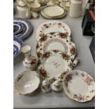 A QUANTITY OF ROYAL ALBERT COUNTRY ROSES TO INCLUDE PLATES, A BOWL, VASE AND CRUETS PLUS FOUR PIECES