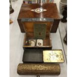 A MAHOGANY BOX WITH MOTHER OF PEARL INLAY, VINTAGE WOOD AND BRASS PEN BOX, WATCHES, TIN, ETC