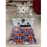 AN EMMA BRIDGEWATER BISCUIT BARREL, EMMA BRIDGEWATER UNION JACK SERVIETTES AND A VINTAGE TRACTORS